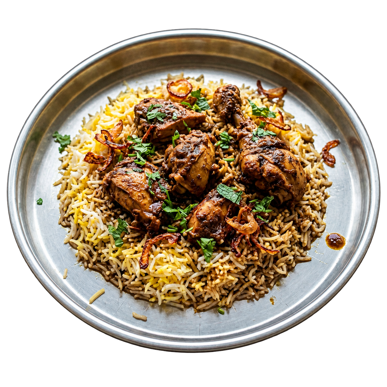 Ulavacharu Chicken Biryani on a steel plate