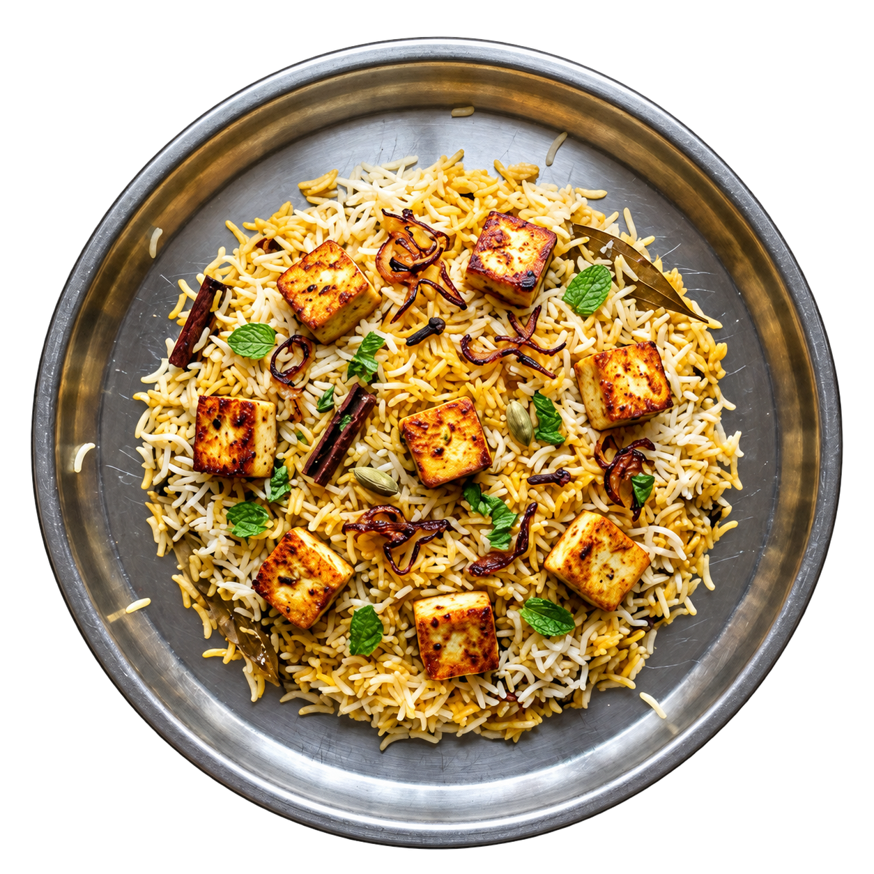 Paneer Pulav on a steel plate